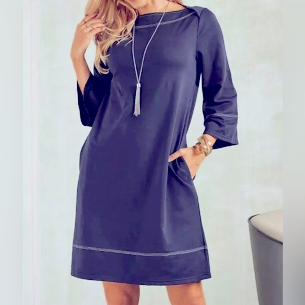 Suzanne Betro Navy Cotton boat neck‎ dress size L